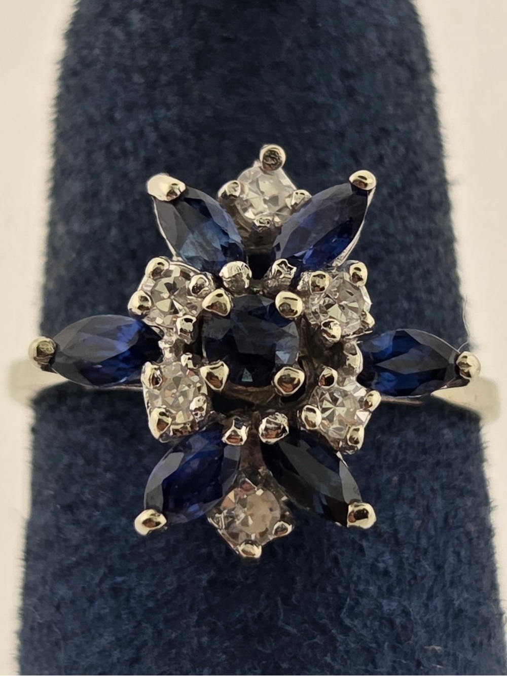 Diamond & Sapphire 14K White Gold | Starburst Vintage Marquise Ring | Size 4.75